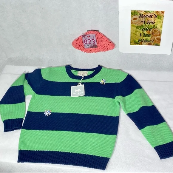 Best & Co. NWT Stripe Fly Crew Sweater Kids 6 Navy and Green - Picture 3 of 9